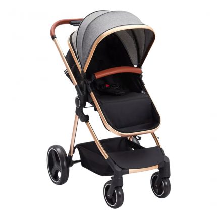 Premium Aluminum-Frame Luxury Baby Stroller with Faux Leather Handlebar, Extendable Sun Canopy, Multi-Position Recline, Spacious Storage Basket