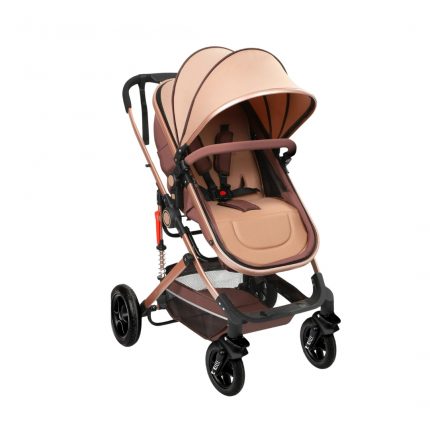 Rose Gold Frame Luxury Baby Stroller with Dual-Layer Sun Canopy, Suspension Springs, Multi-Position Recline, Large Storage Basket